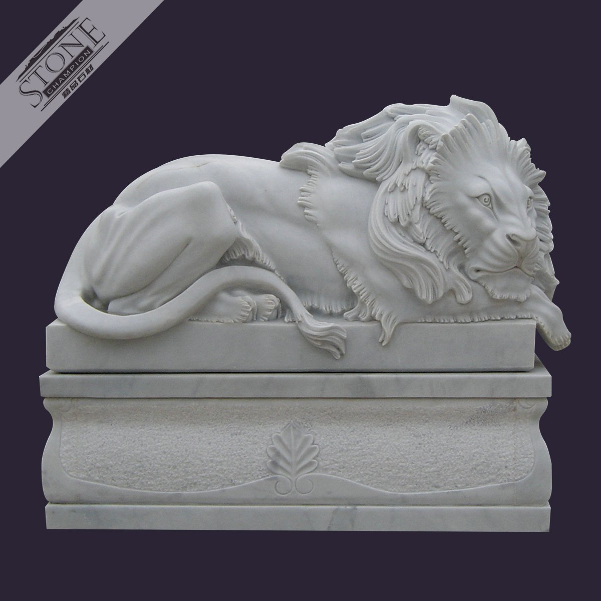 White marble sleeping lion sculpture with base