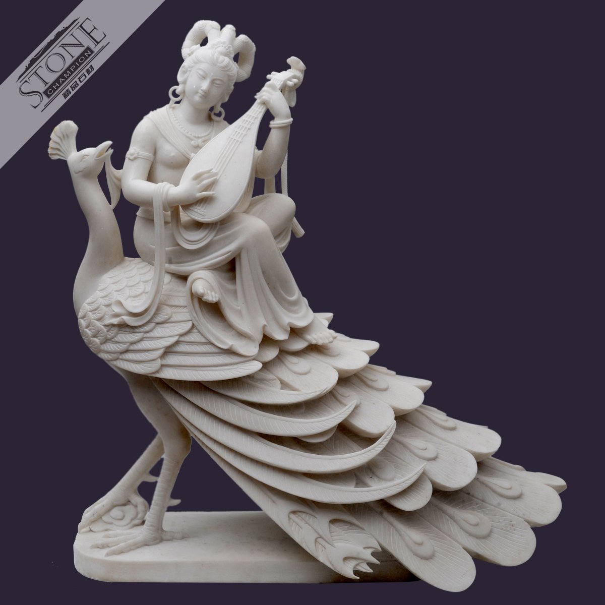 White marble peacock goddess statue