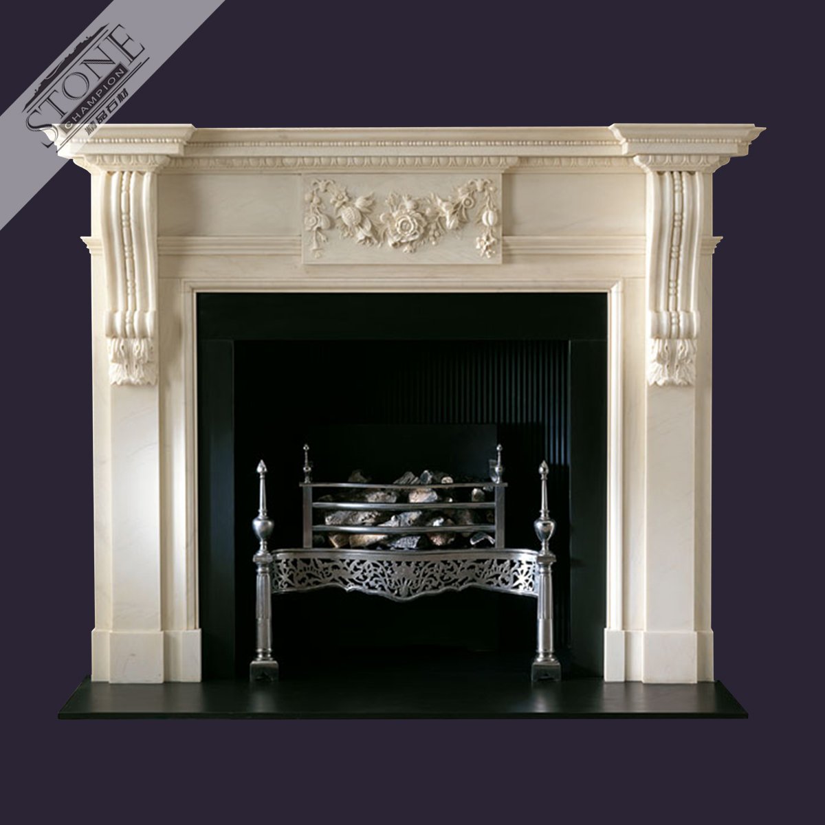 limestone fireplace with black granite hearth