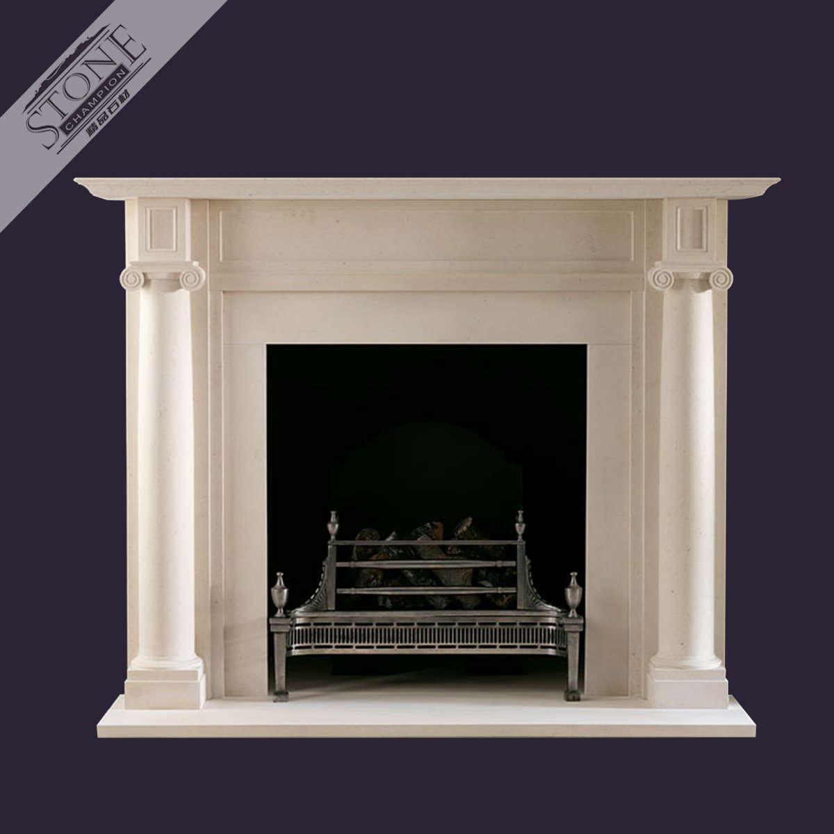 Modern clean beige limestone fireplace mantel