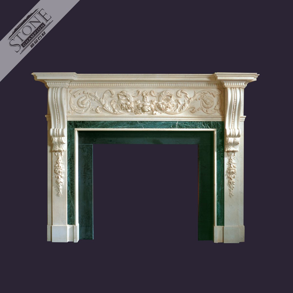 hand carved limestone fireplace with green marble insert