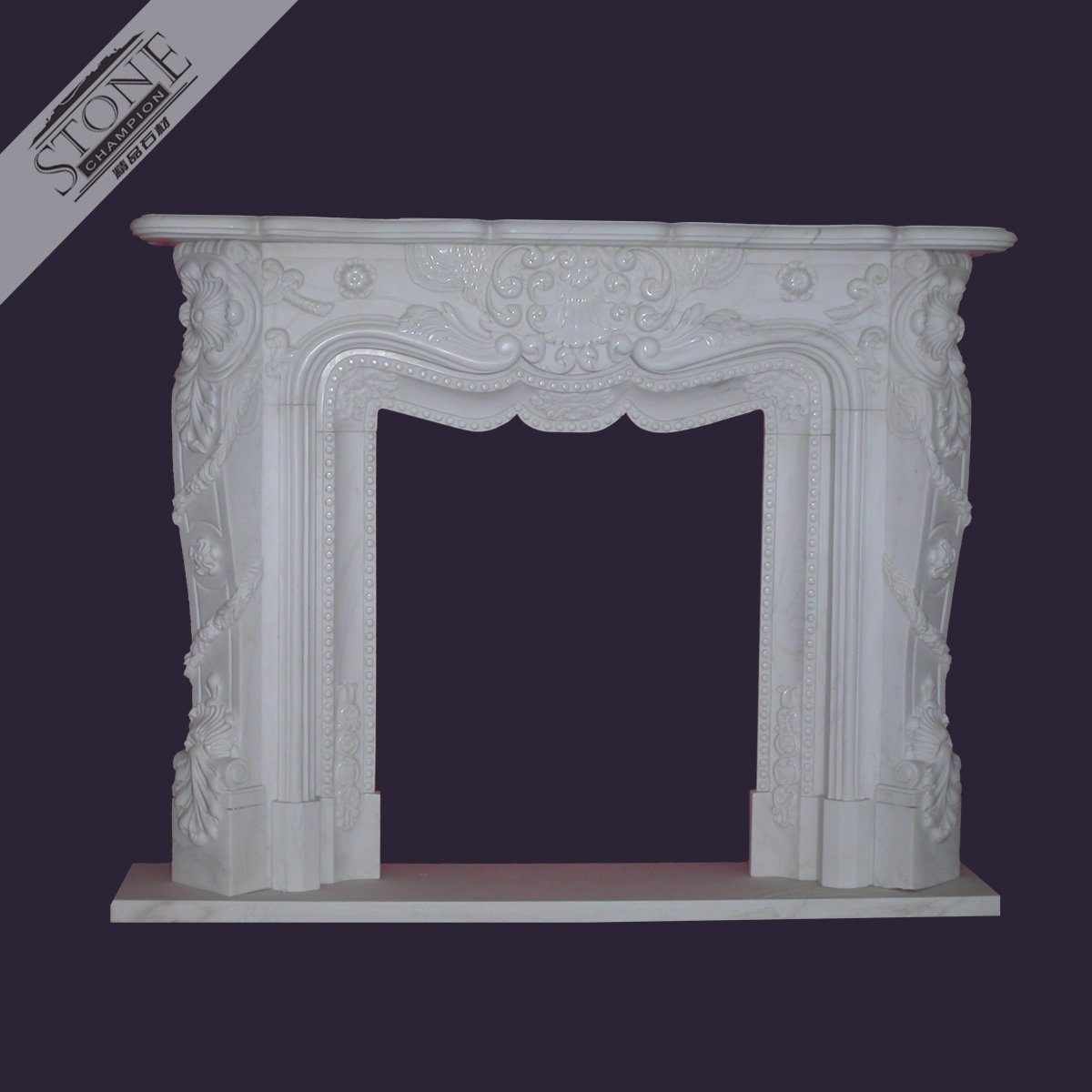 Russian style pure white marble fireplace surround