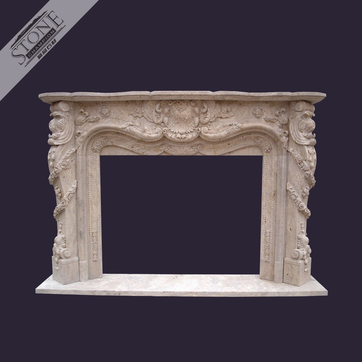 Russian style beige travertine stone fireplace surround