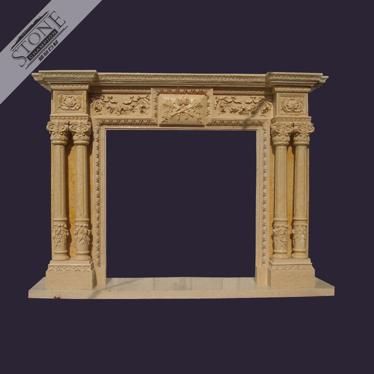Large size hand carved golden marble wall fireplace