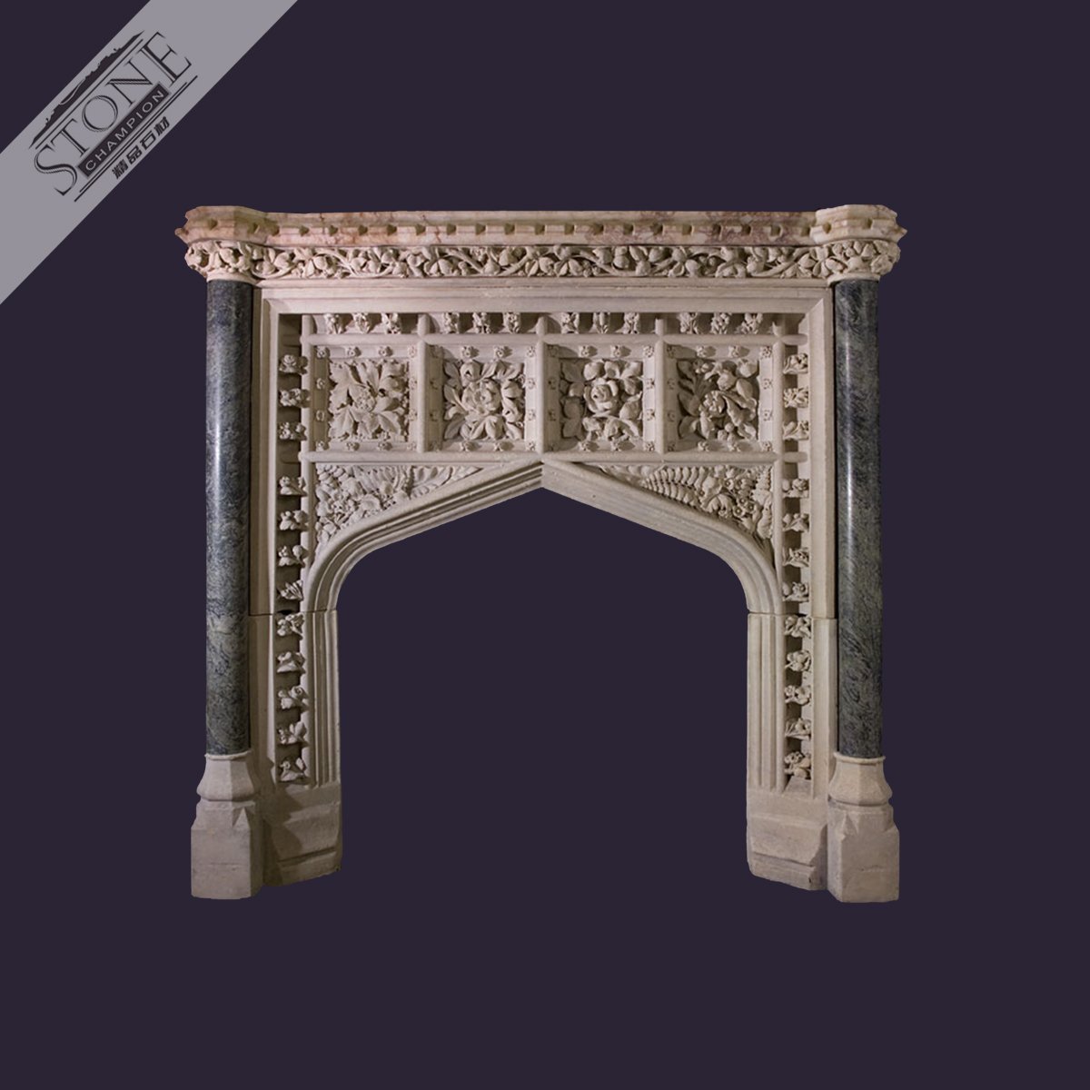 Complicated hand carved beige limestone fireplace frame