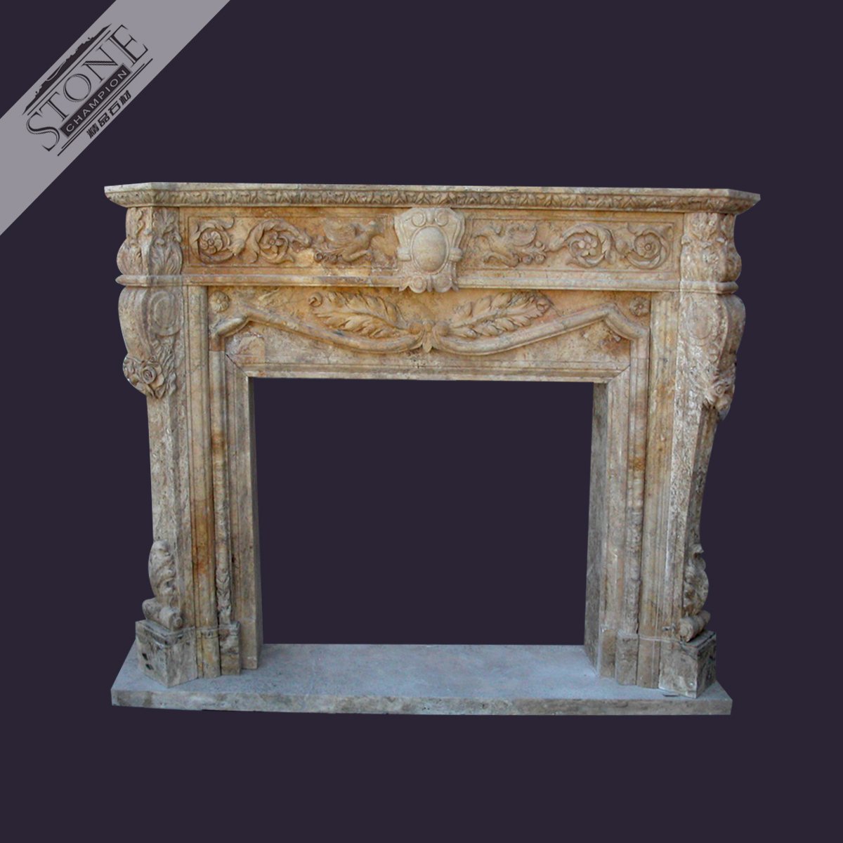 Antique finish beige travertine stone fireplace surround