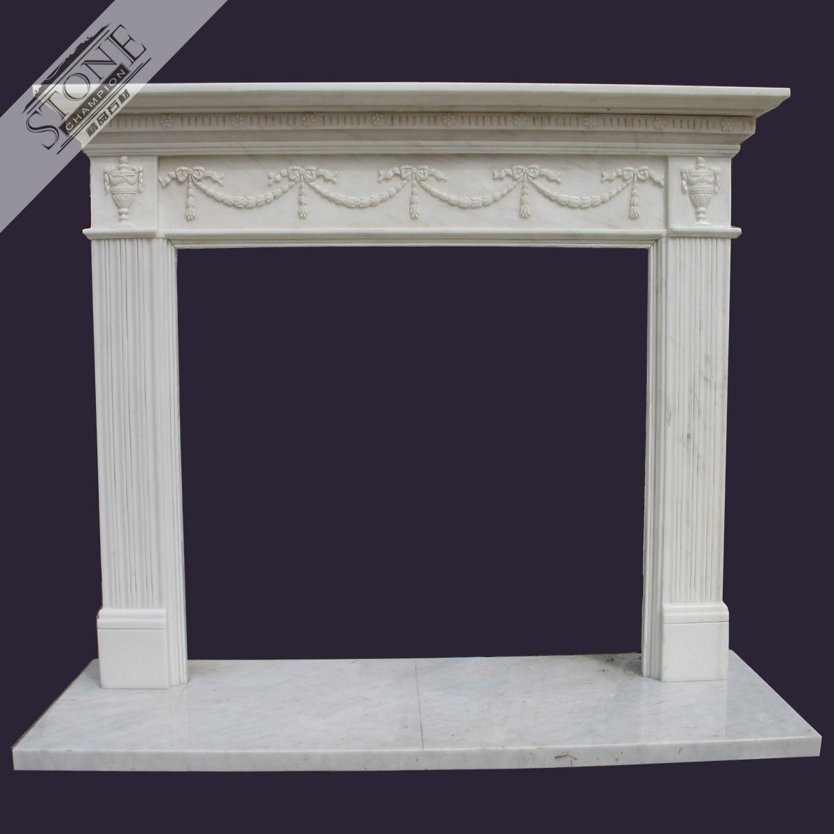 CNC carved white marble fireplace mantel with deep hearth
