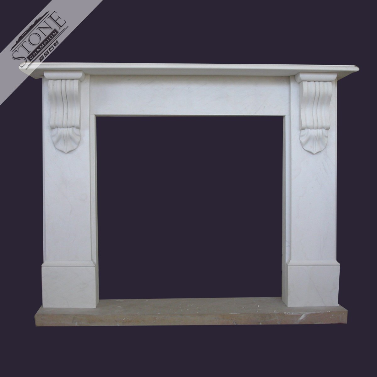Clean white marble fireplace mantel with decorative corbels