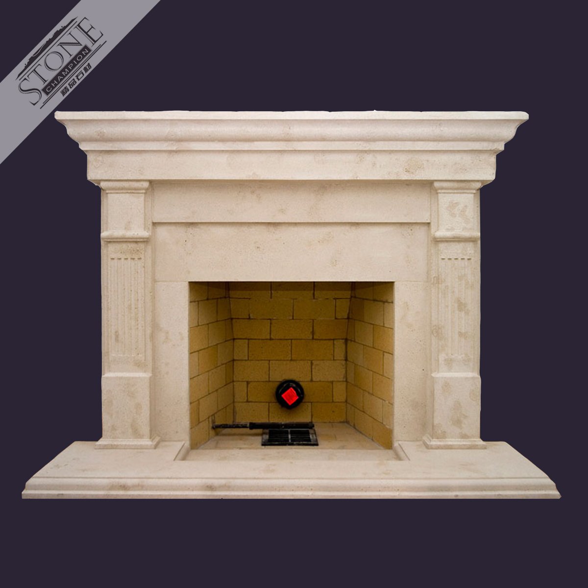 Indoor used limestone fireplace mantel with deep firebox