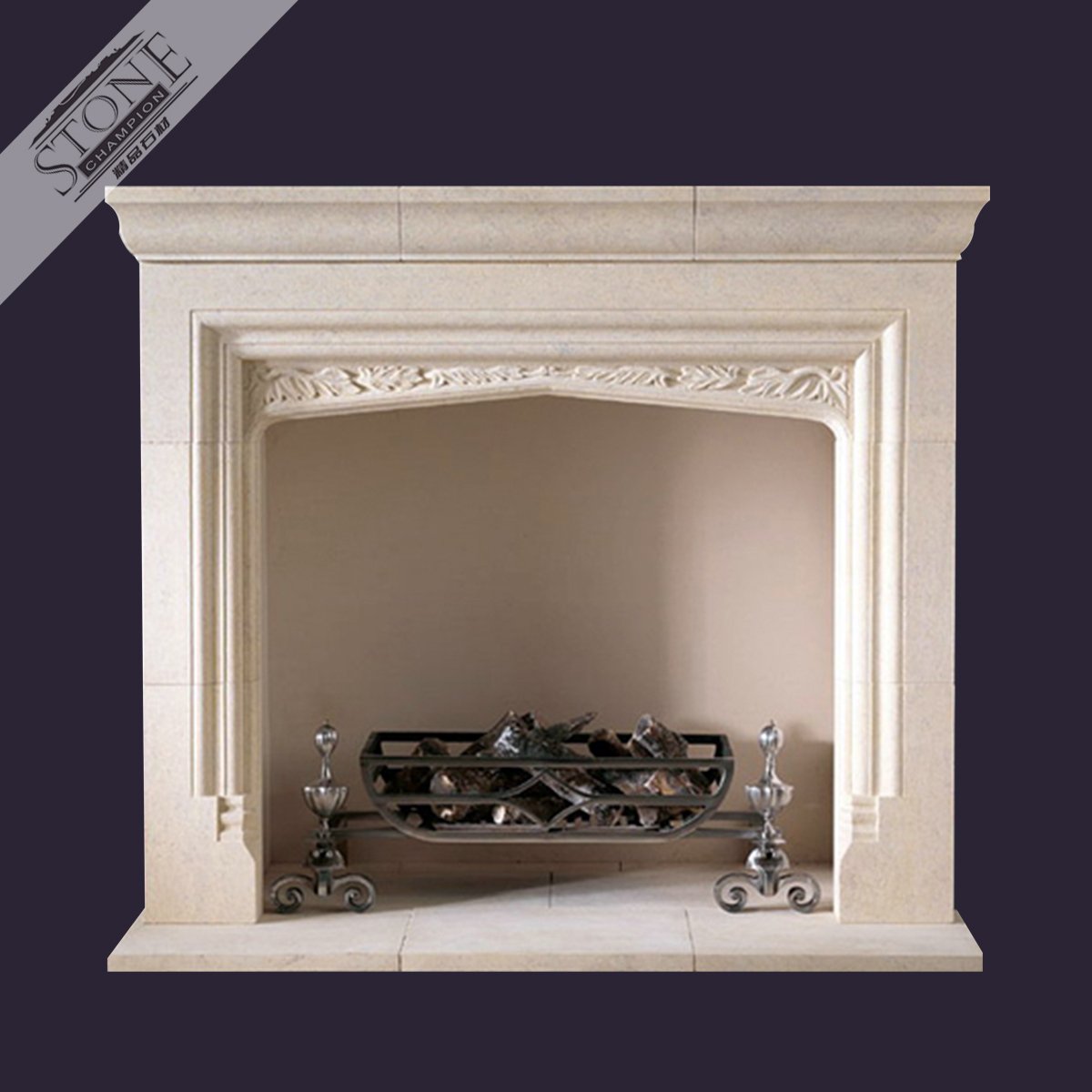 Modern style clean beige limestone fireplace mantel
