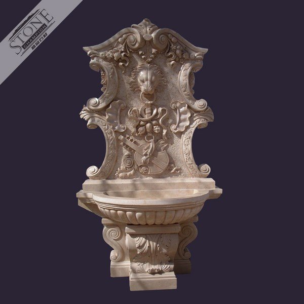 Classic design lion head beige marble wall fountain