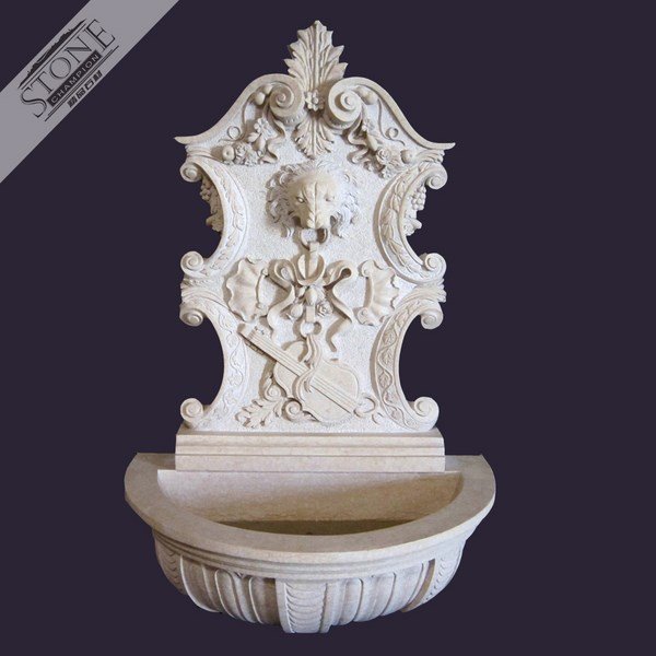 Lion head beige marble wall water fountain