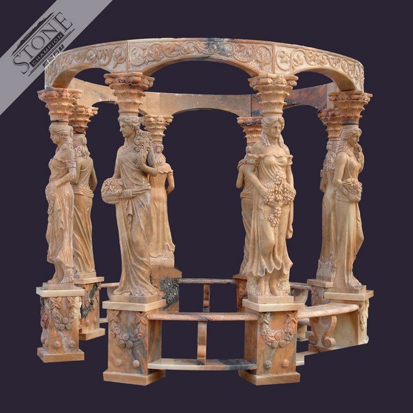 Red Marble gazebo with carved lady columns